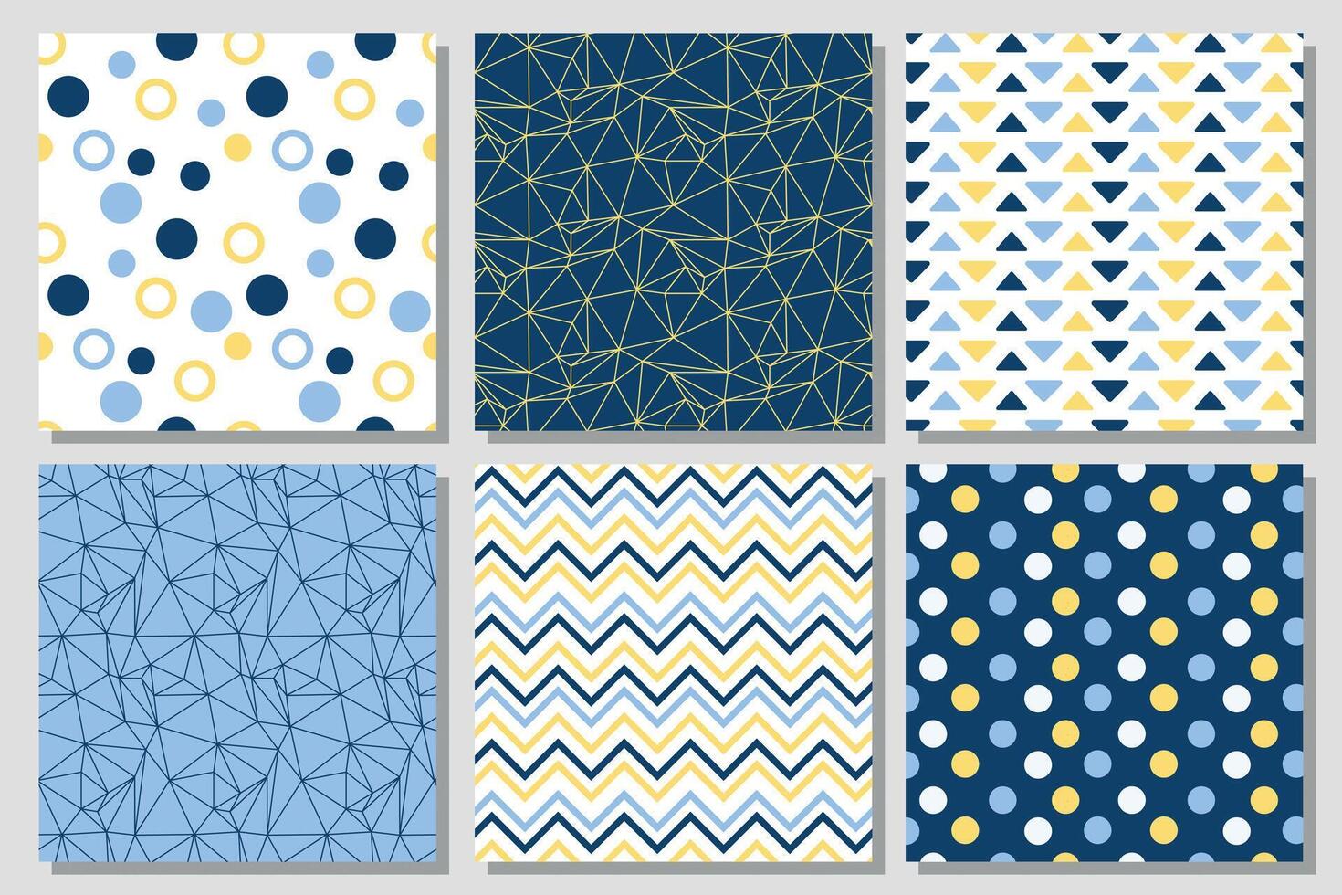 Colorful geometric patterns with circles, triangles, and chevrons in blue and yellow shades suitable for modern design projects vector