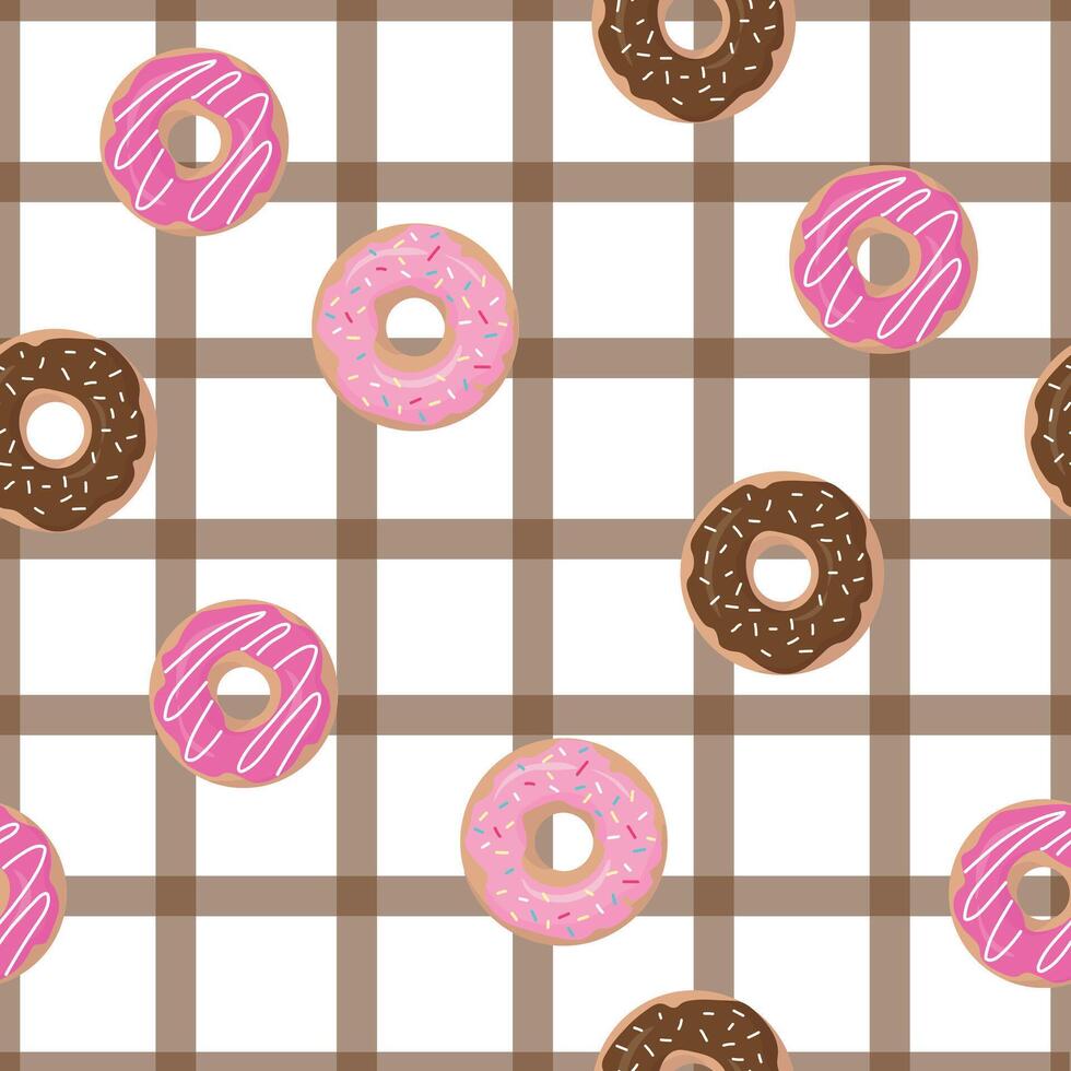 Seamless pattern with donuts with pink glaze and colored sprinkles . vector