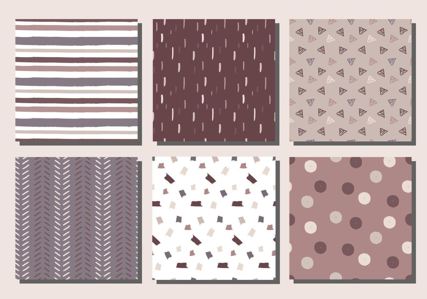 A set of six different textile seamless patterns that showcase a variety of geometric shapes such as stripes, polka dots, and geometric shapes in warm pastel colors. vector