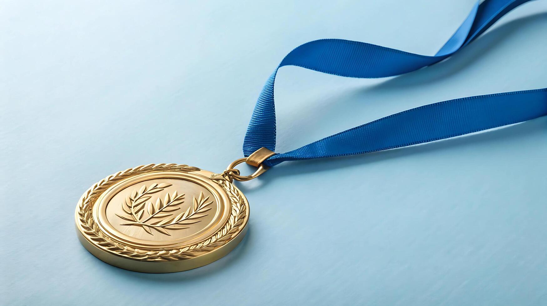Gold medal with blue ribbon on light blue background, symbol of achievement photo