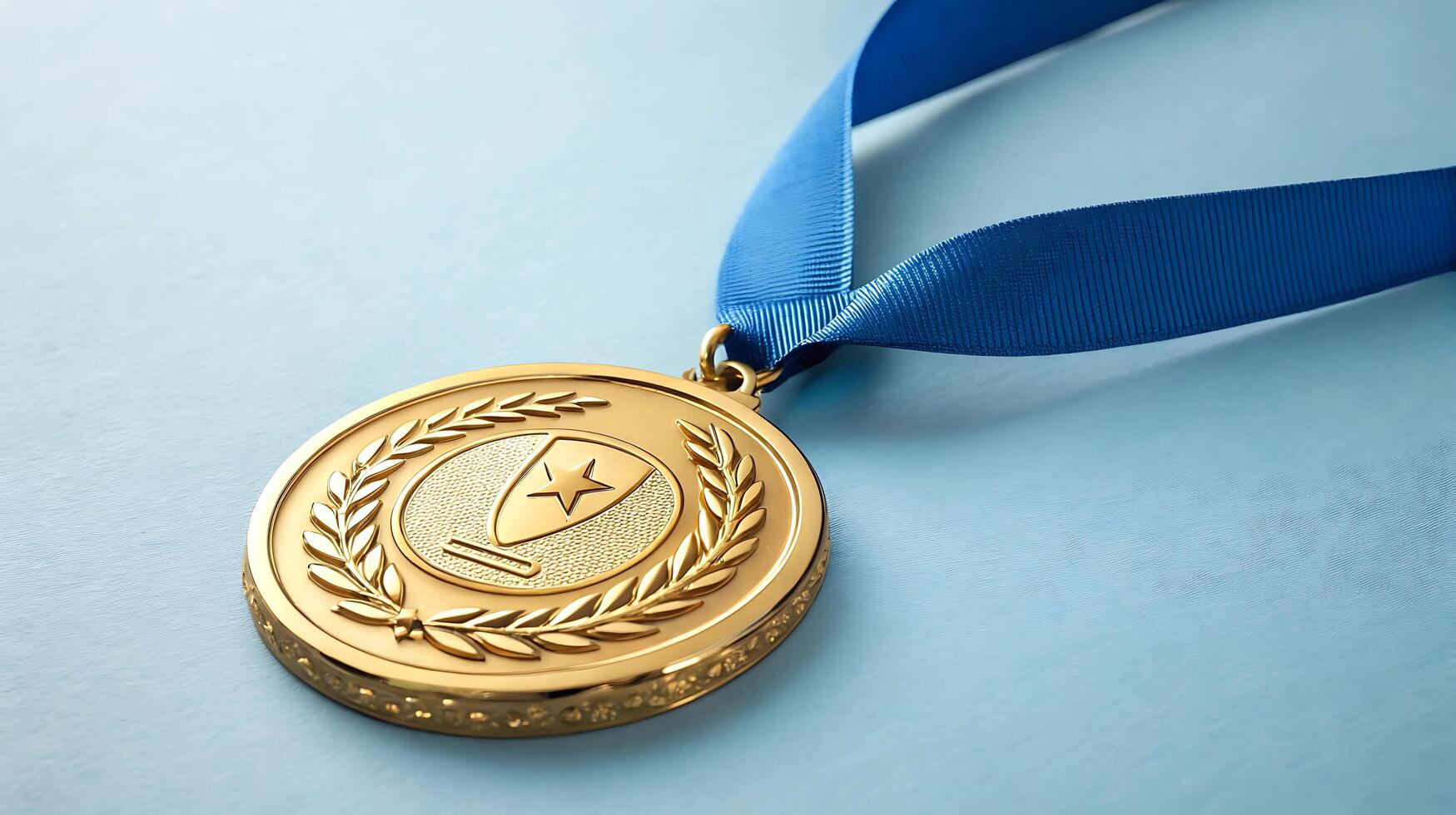 Gold medal with blue ribbon on light blue background photo