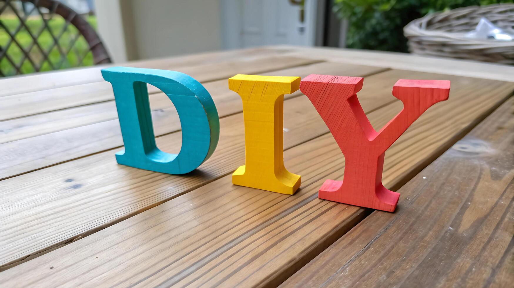 DIY wooden letters on rustic table, creative handmade craft concept photo
