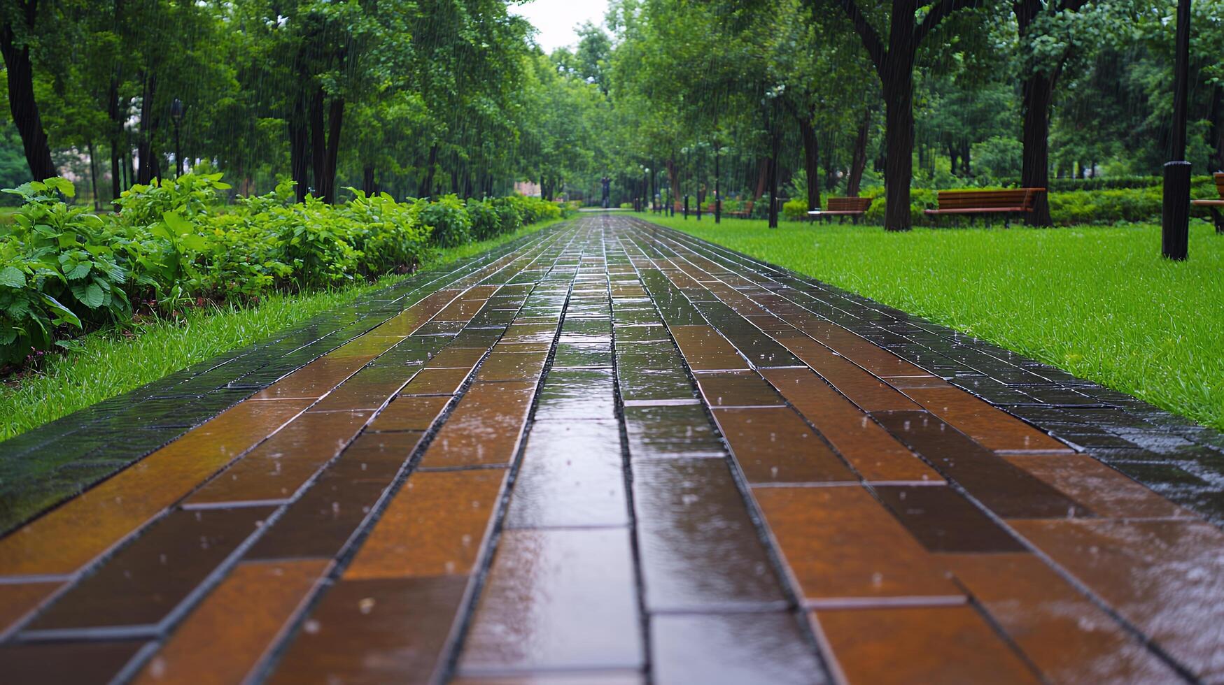 Rainy Day Park Pathway Wet Brick Walkway, Lush Green Trees photo