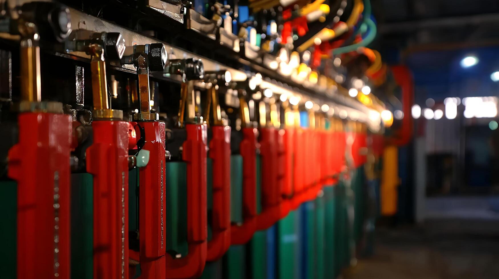 Industrial Machinery Close Up Red and Green Components in Dark Setting photo