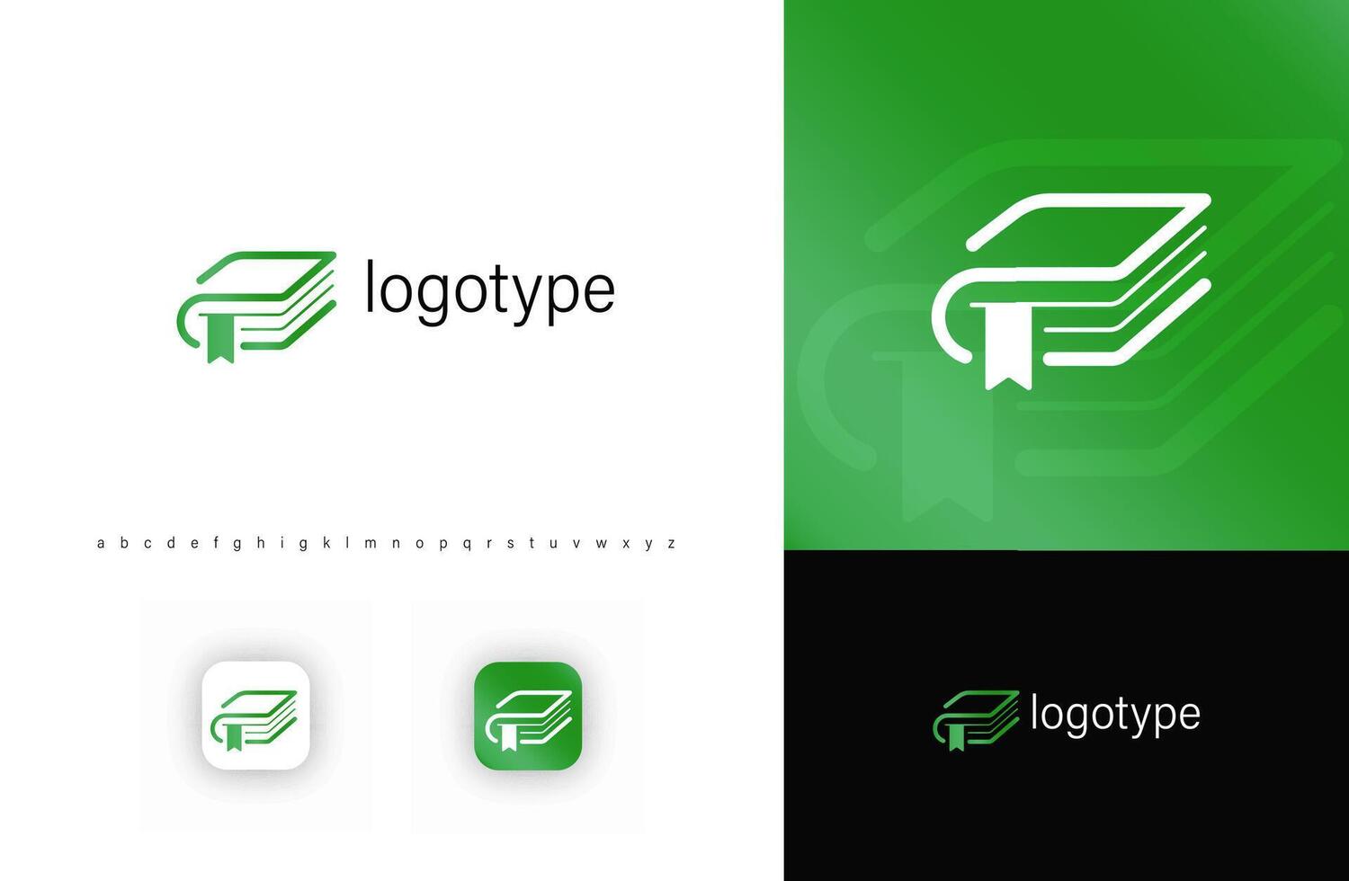 Minimalist book logo with abstract green lines and bookmark. Modern education and knowledge symbol for schools, universities, publishing, digital learning platforms. logo vector