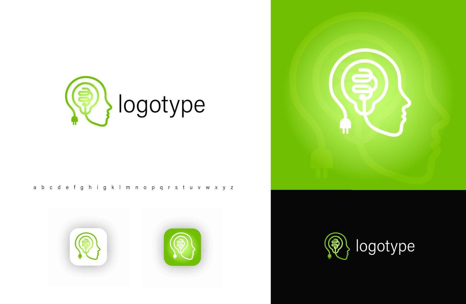Head with electric plug forming brain, symbolizing intelligence, energy, innovation. Represents AI, neuroscience, psychology, smart technology. logo for tech startups, learning platforms. vector