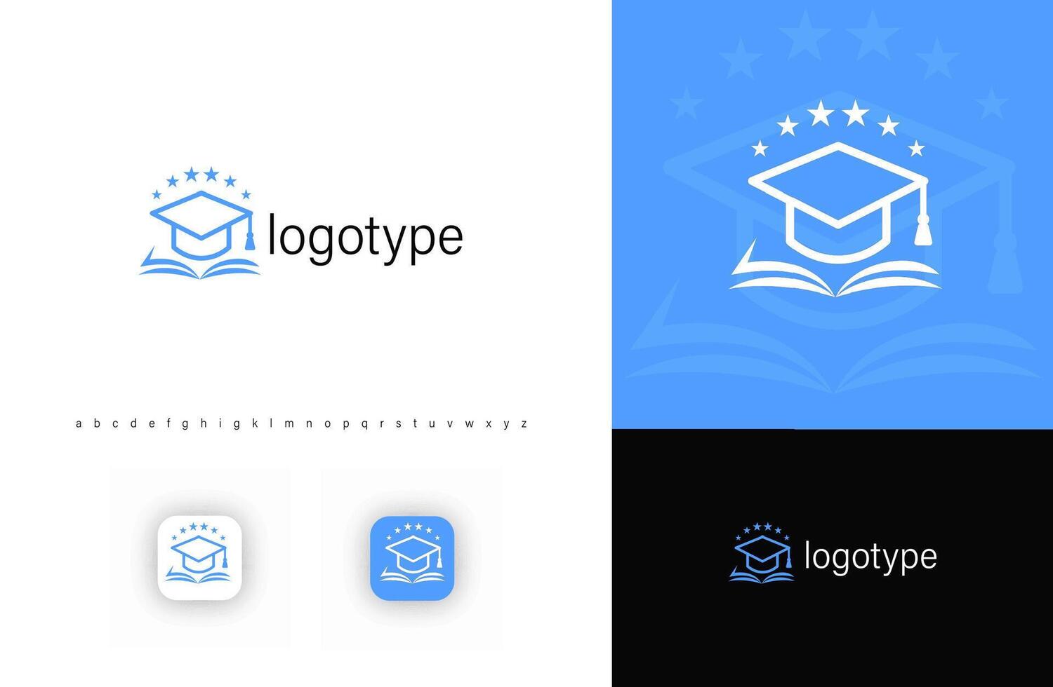 Academic logo with a graduation cap, open book, and stars, symbolizing education, success, and achievement. Ideal for schools, universities, and e-learning platforms. logo vector