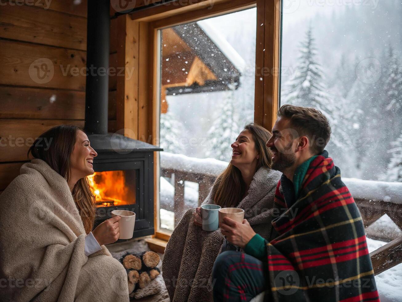 Friends enjoying warm drinks by the fireplace in a cozy cabin during winter snowfall photo