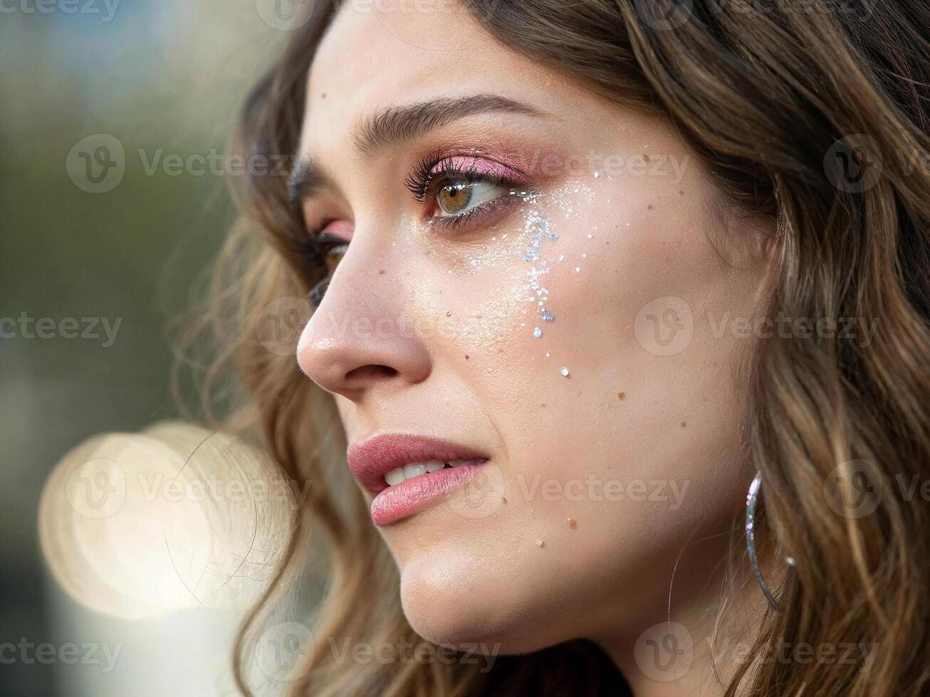 Young woman with glittering makeup and emotional expression in outdoor setting photo