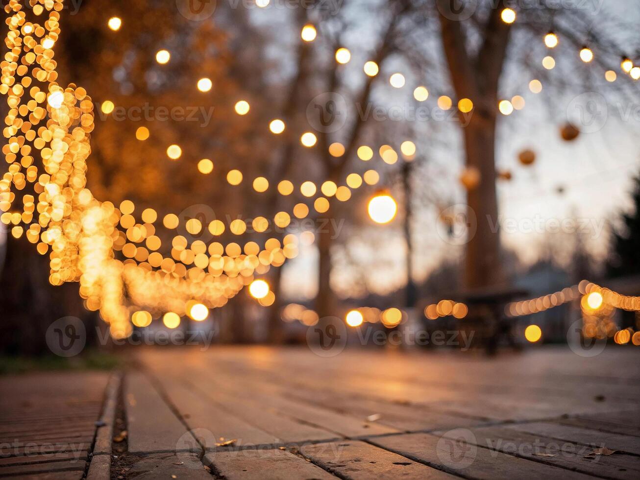 Beautifully lit evening pathway decorated with string lights in a park setting photo