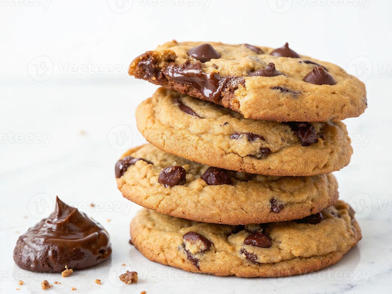 Deliciously baked chocolate chip cookies stacked on a marble countertop photo