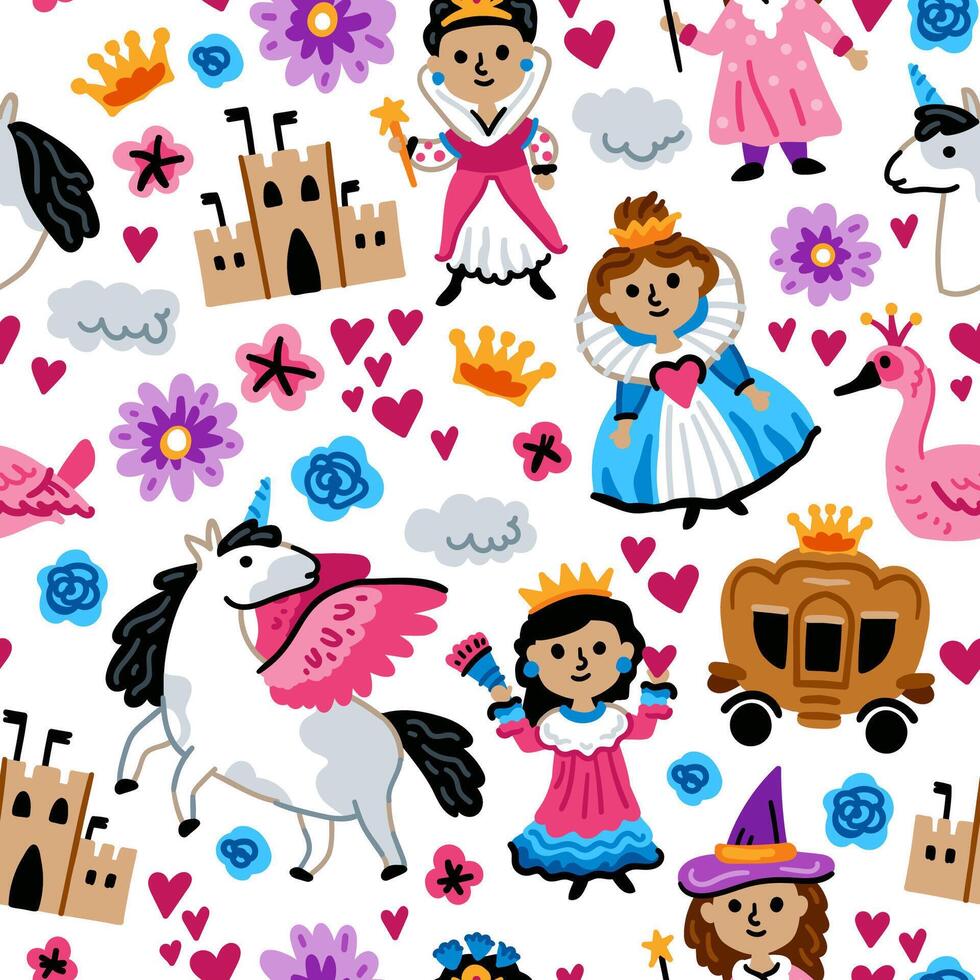 Bright children seamless pattern with fairy tale characters vector