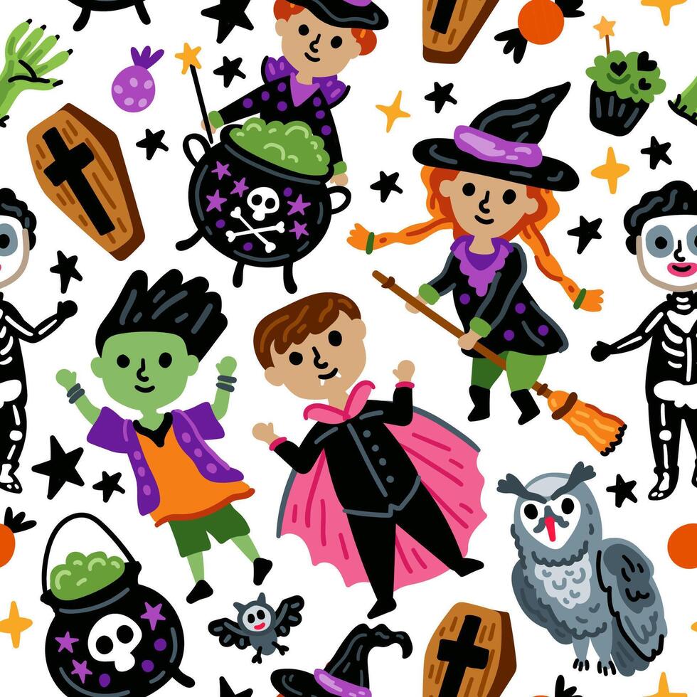 Seamless pattern of Halloween characters, Children with funny and scary witch, zombie and monster costumes background vector
