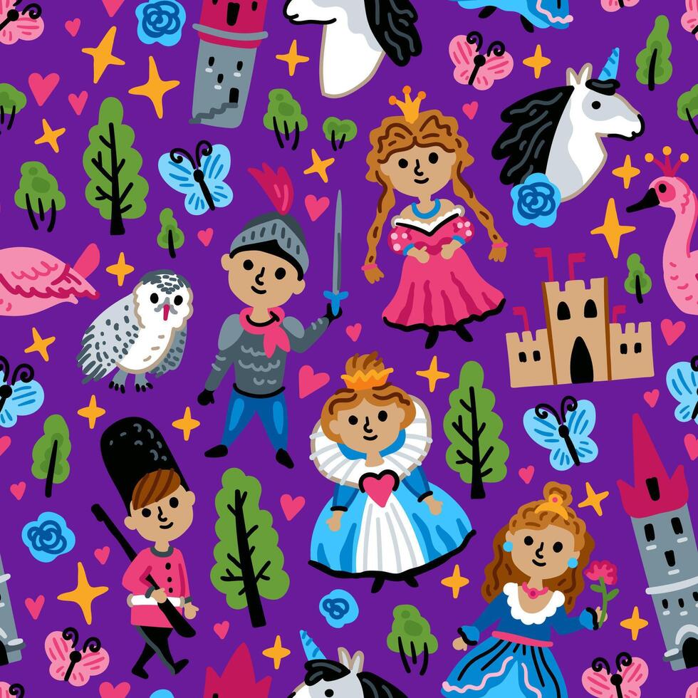 Bright children seamless pattern with fairy tale characters. Middle Ages magic legends Kingdom elements. Childish background. Princess, Knight, Castle and unicorn, fairy, Swan and Owl vector