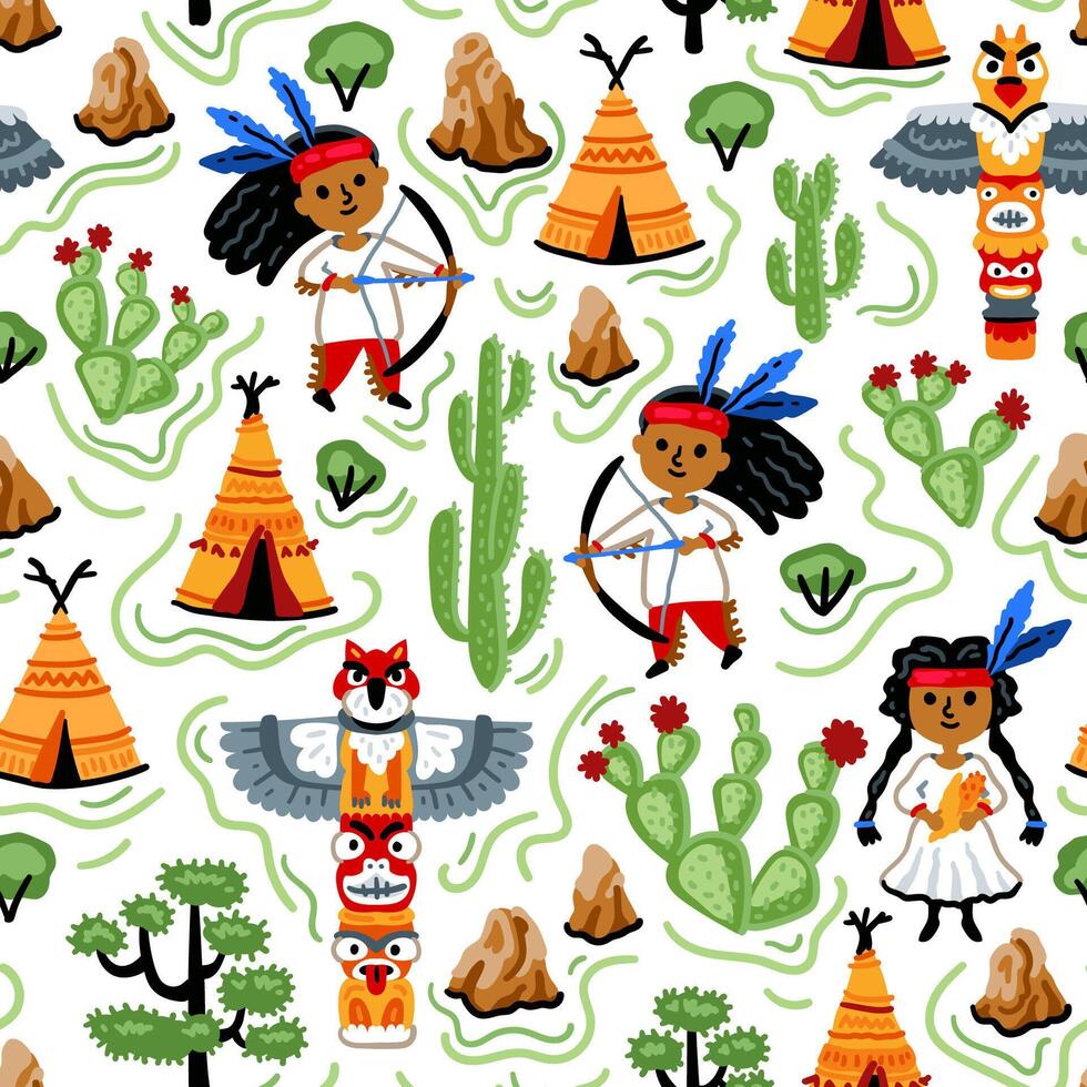 Bright children seamless pattern with American native indians. Childish background. Cheerful characters with animals and plants. Wigwam, totem, cactus vector