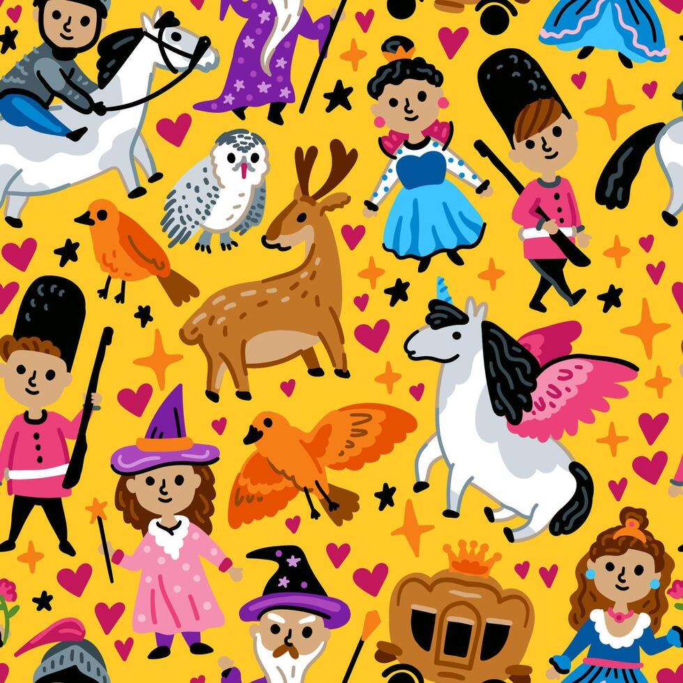 Children seamless pattern with fairy tale characters. Middle Ages magic legends Kingdom elements. Childish background. Princess, Knight, and unicorn, fairy, Wizard and Dragon vector