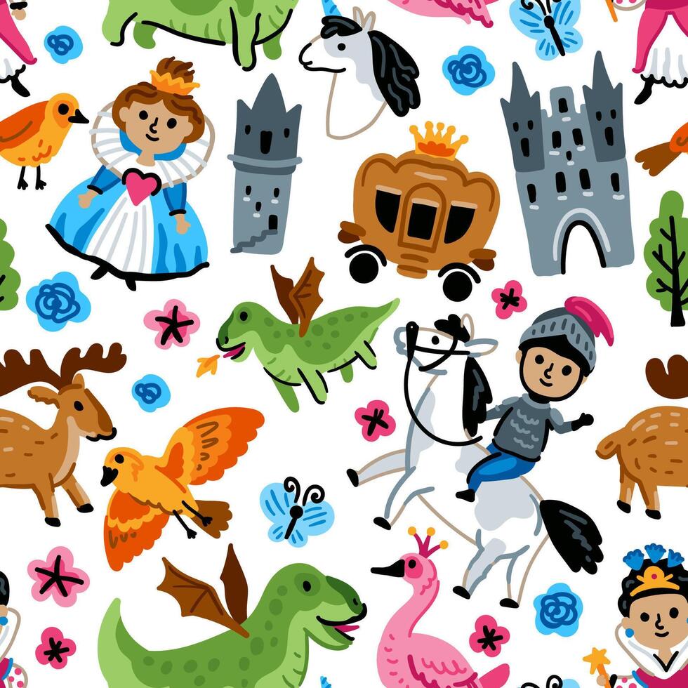 Bright children seamless pattern with fairy tale characters. Middle Ages magic legends Kingdom elements. Childish background. Princess, Knight, Castle and unicorn and Dragon vector