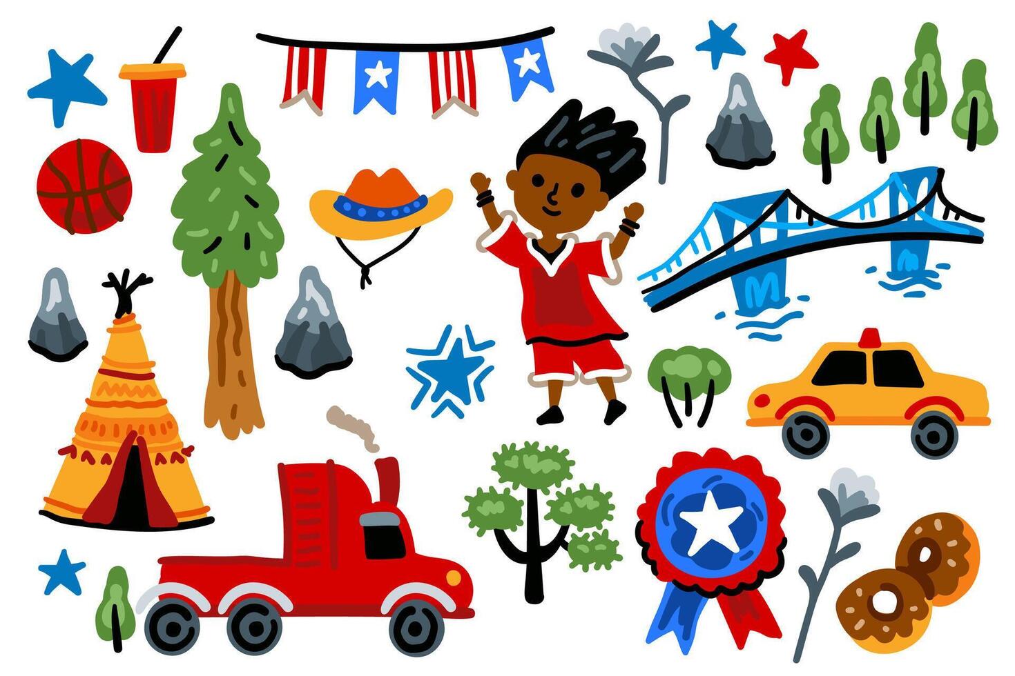Set of Independence Day American elements. Symbols of USA. Basketball player, sequoia, flag, trailer. For maps and children designs. Travel landmarks illustrations. Cartoon style. Childish. July 4th vector