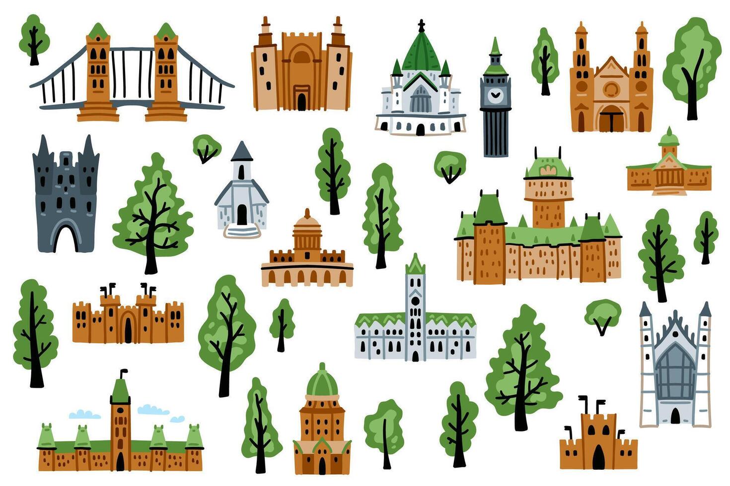 Big set of architecture icon. Flat collection of buildings icons for web design. illustration on white background. Urban elements vector