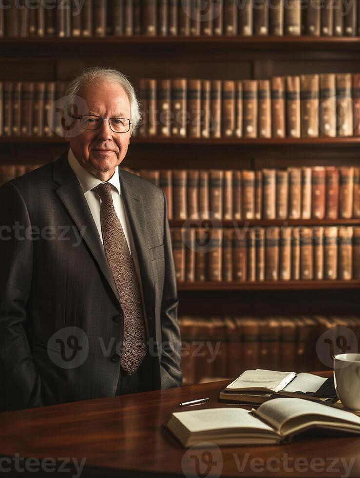 A respected professor stands proudly in a suit, surrounded by shelves of books, expressing wisdom and experience in a scholarly environment. photo
