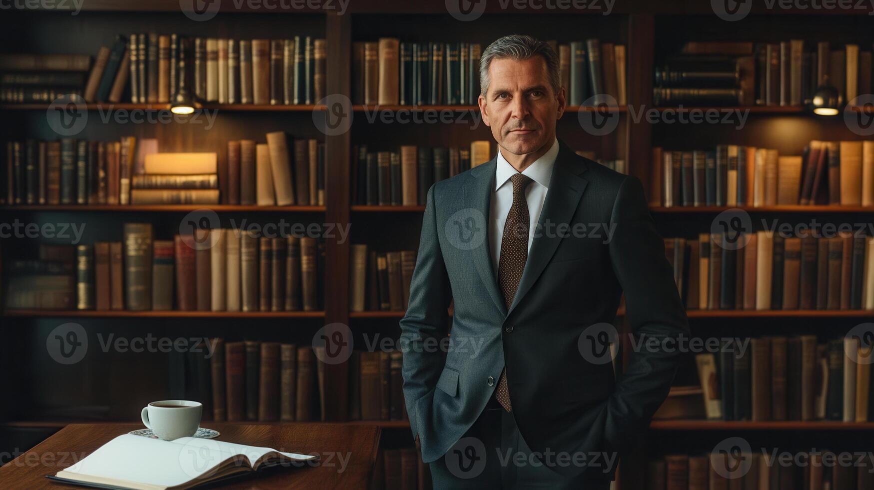 A confident professor in a suit poses in front of a comprehensive bookshelf, highlighting his scholarly environment and expertise. photo