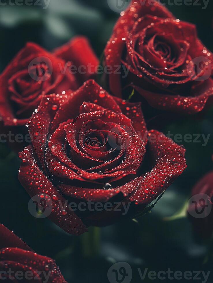The vibrant deep red roses showcase their beauty, each petal glistening with tiny droplets of water in a tranquil garden setting. photo