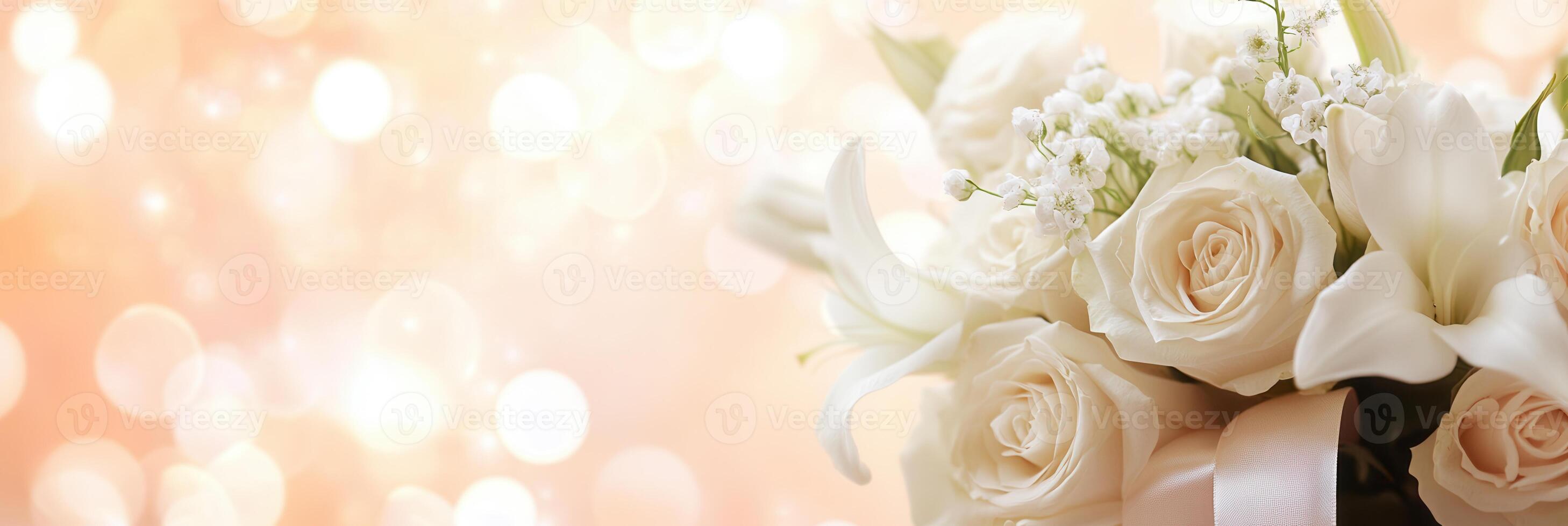 A beautiful arrangement of white roses and lilies elegantly tied with a silk ribbon, set against a soft pastel backdrop, perfect for celebrations. photo