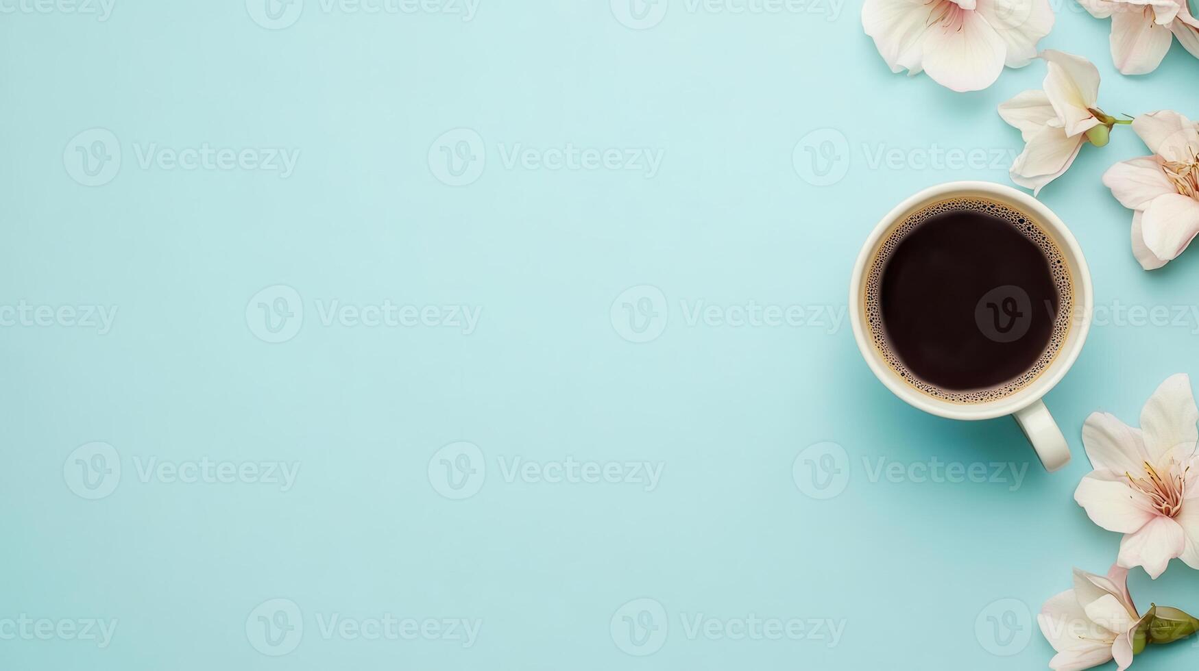 A warm cup of aromatic coffee rests on a light blue surface adorned with delicate flowers, creating a serene morning atmosphere. photo