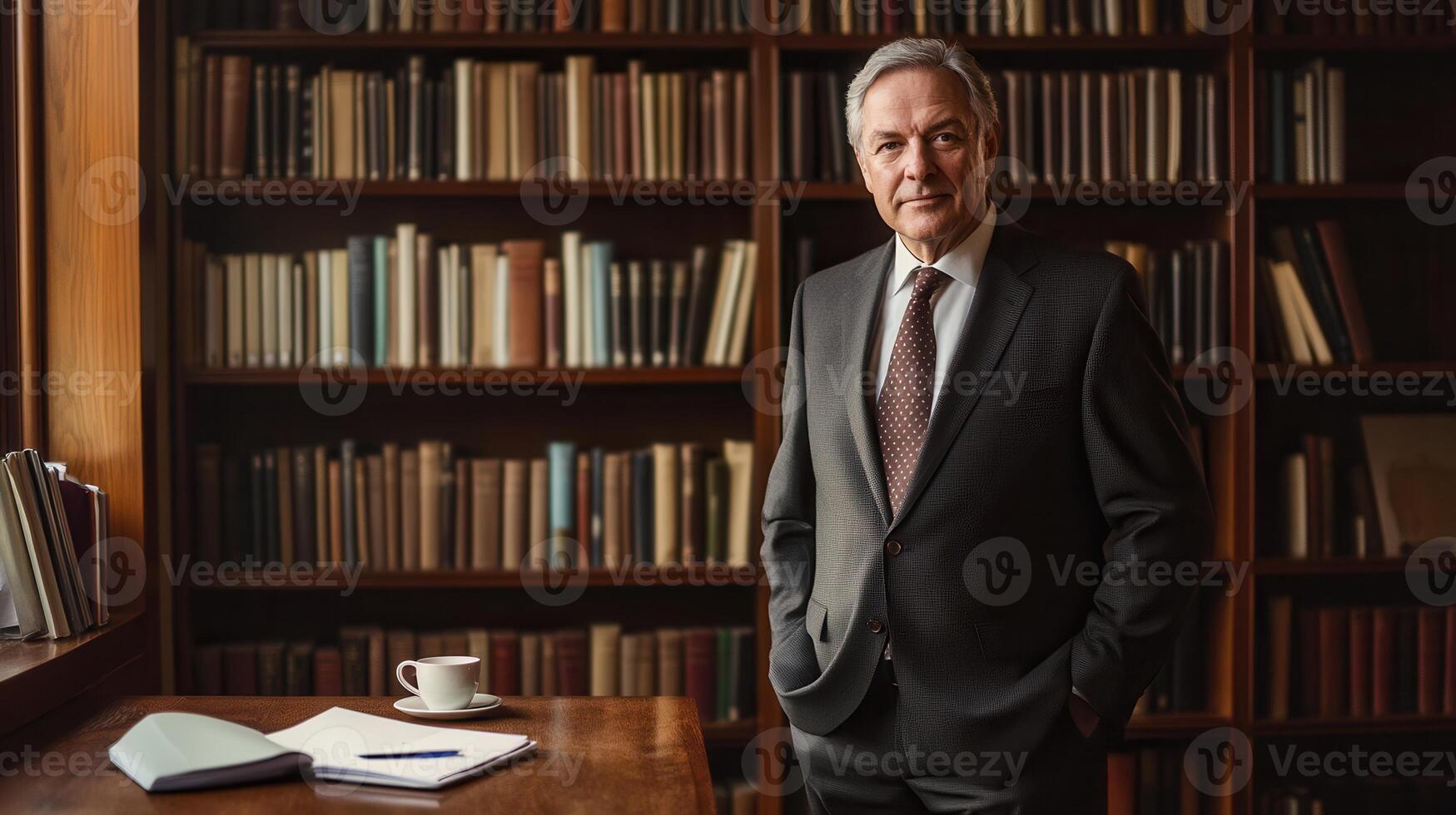 A distinguished professor poses confidently by a bookshelf filled with books, representing knowledge and academic excellence. photo