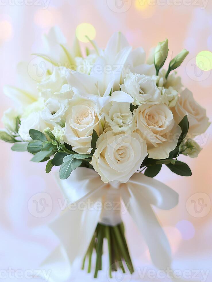 A beautifully arranged bouquet features white roses and lilies, elegantly tied with a silk ribbon, creating a soft romantic atmosphere. photo