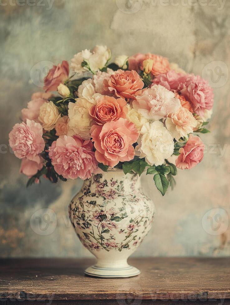 A beautiful arrangement of roses and carnations in a vintage ceramic vase sits elegantly on an antique wooden table, adding charm. photo