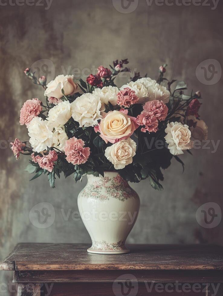 A stunning arrangement of roses and carnations fills a vintage vase, elegantly displayed on an antique wooden table with charm. photo