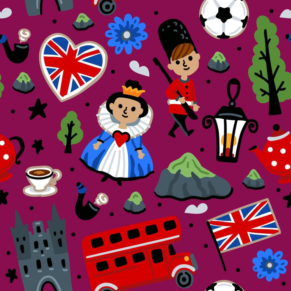 Bright children seamless pattern with symbols of Great Britain. Bus, Queen, Guardsman, vector