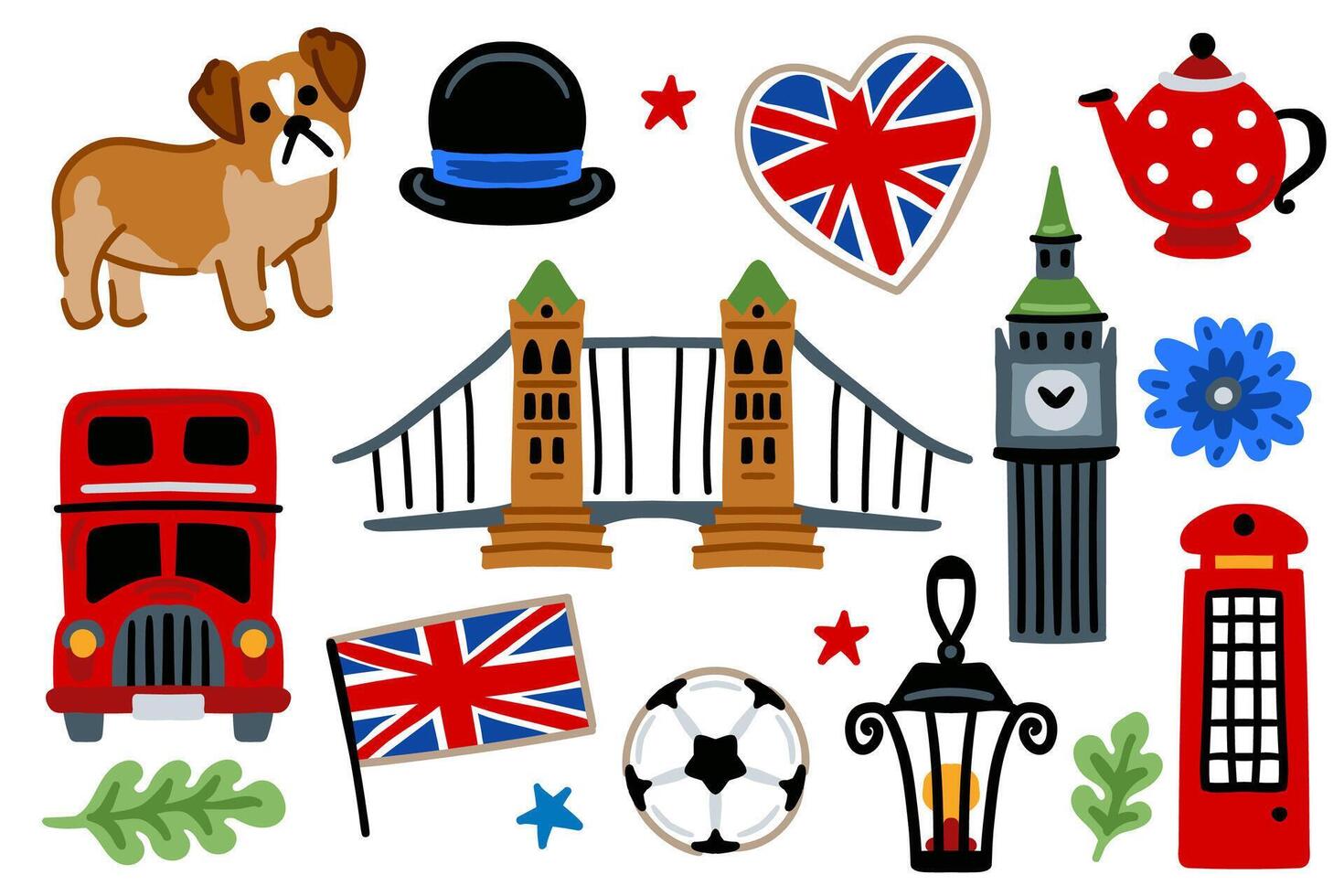 London set, United Kingdom Cartoon Icons Design Travel Concept. Red bus, bulldog, soccer ball. Travel landmarks illustrations. vector