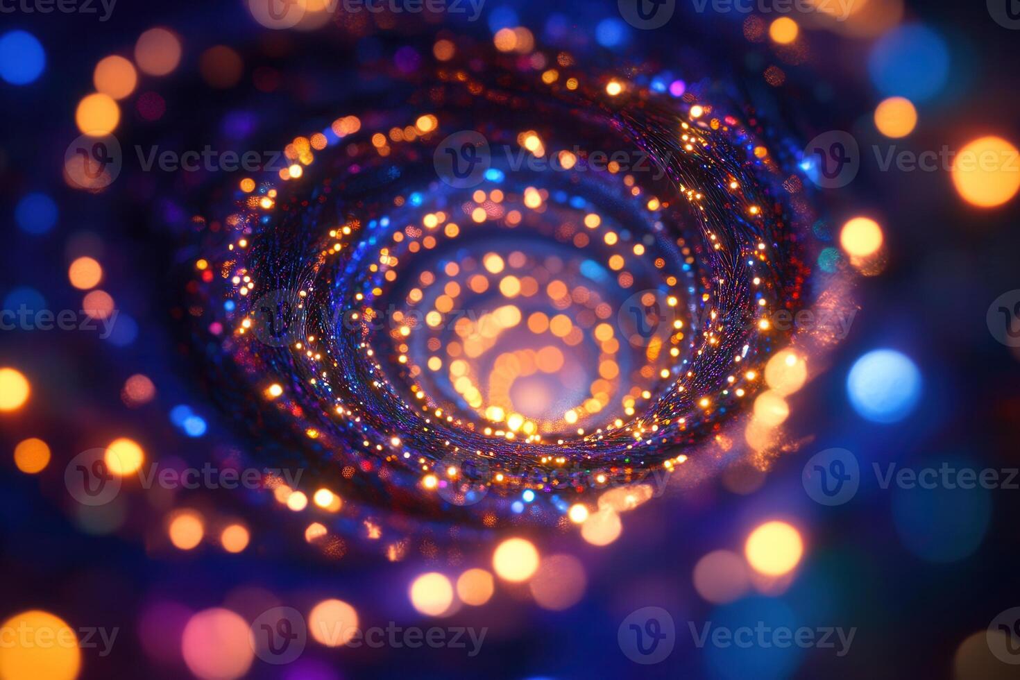 Brightly colored Christmas lights swirl in a captivating vortex design, illuminating the dark winter evening with holiday cheer. photo