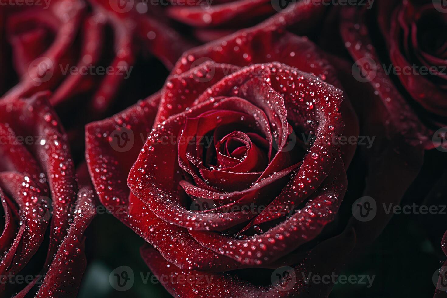 Lush deep red roses glisten with delicate water droplets, showcasing their beauty and freshness in the early morning light. photo