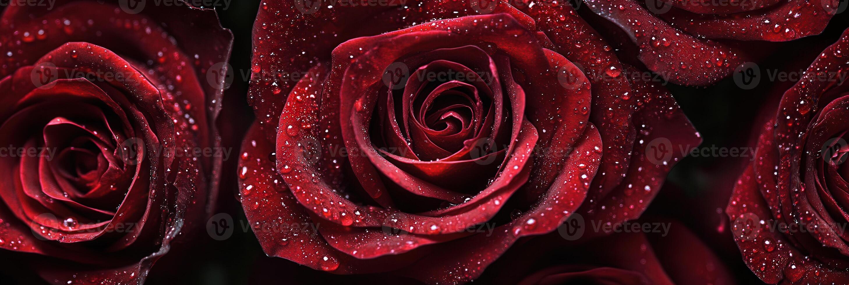 A bouquet of deep red roses showcases their vibrant petals, each enhanced by delicate water droplets from a recent rainfall. photo