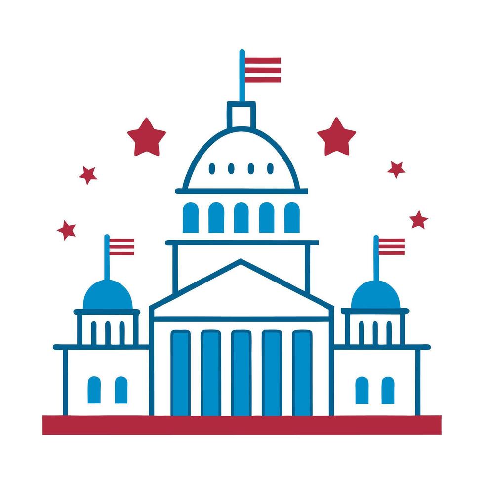 US capitol outline with 4th of July decorations, line art illustration vector