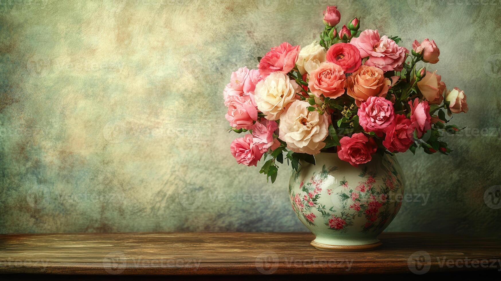 A colorful arrangement of roses and carnations in a vintage vase sits elegantly on a rustic wooden table, radiating charm and beauty. photo