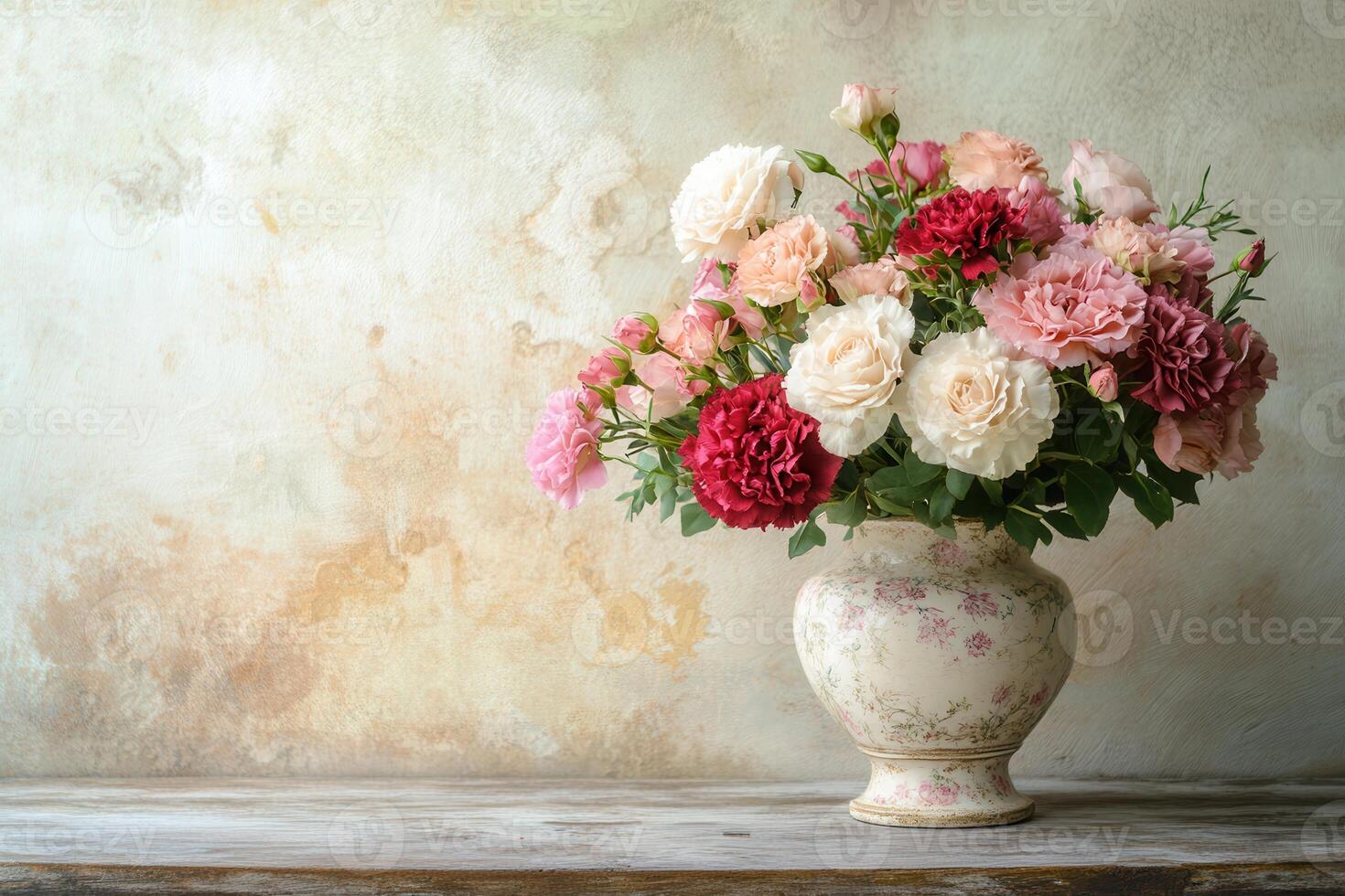 A beautiful arrangement of roses and carnations in a vintage vase enhances the charm of an antique wooden table. photo