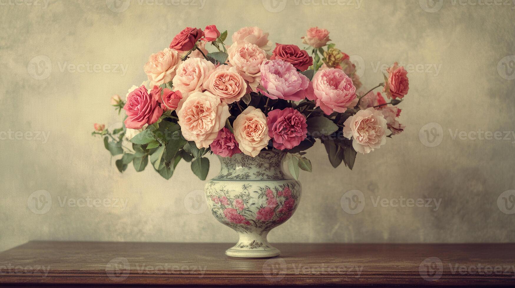 Roses and carnations bloom gracefully in a vintage vase, showcasing elegance on an antique wooden table in soft lighting. photo
