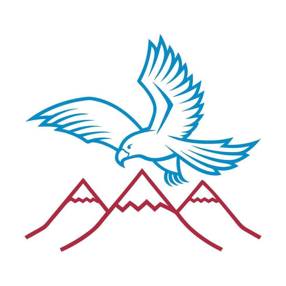 Soaring eagle outline over mountain range, line art illustration vector