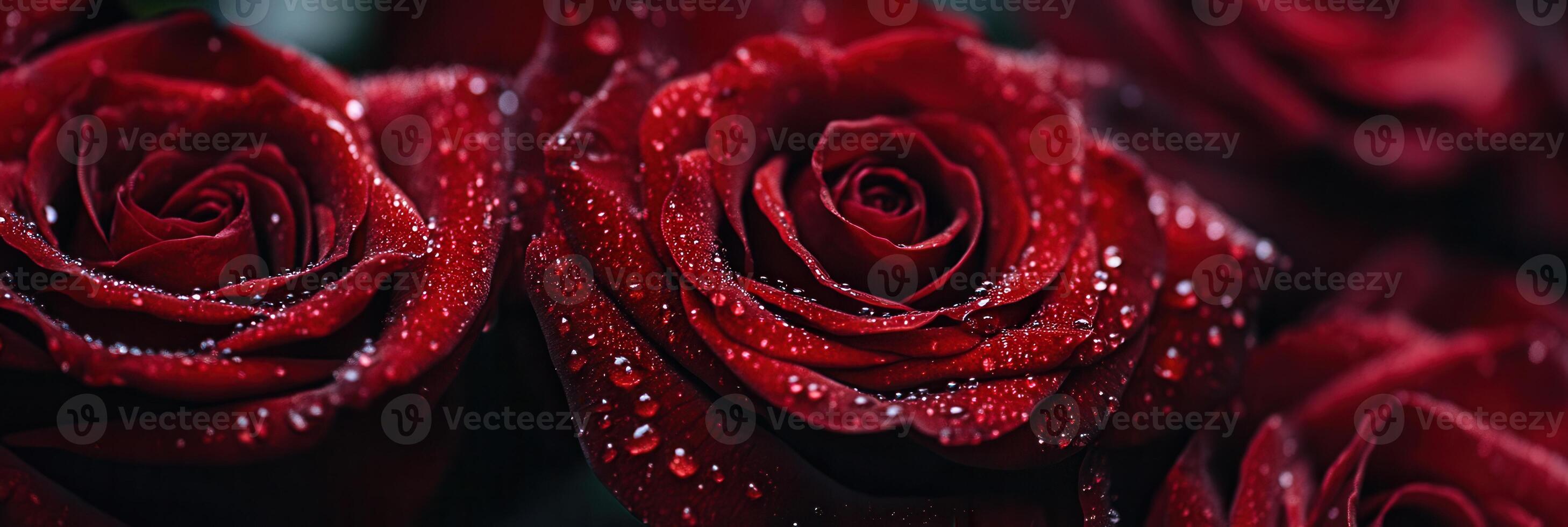 A cluster of deep red roses proudly displays vibrant petals adorned with shimmering water droplets from an early morning drizzle. photo