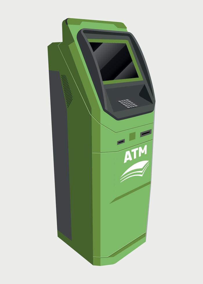 detailed green cash dispenser machine with display isolated on white background vector