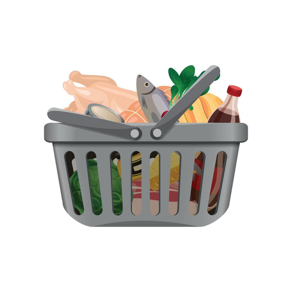 grey grocery basket with products on white background vector