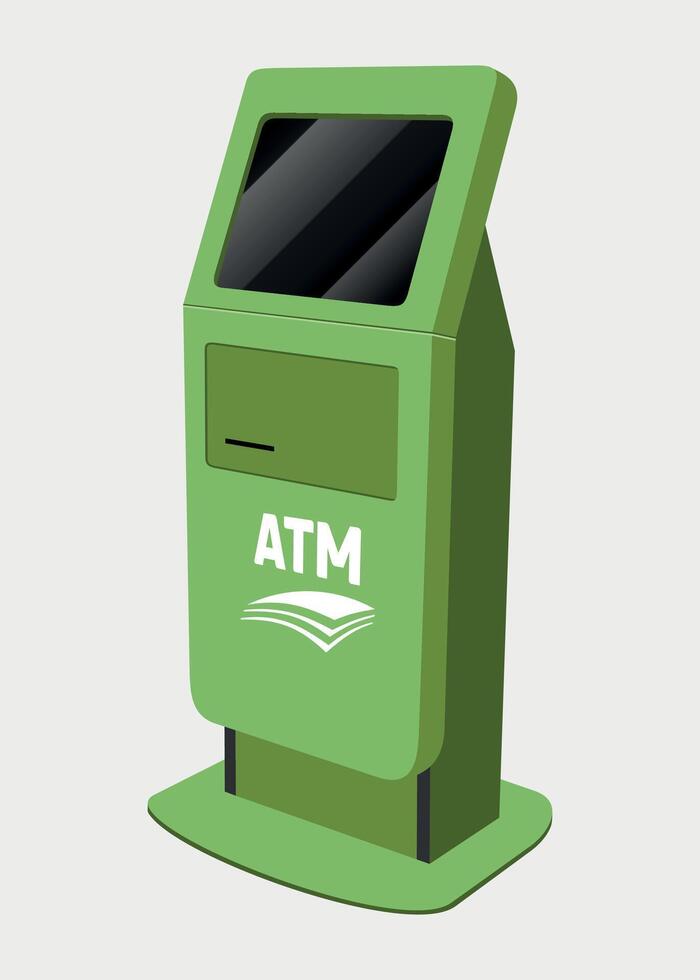 detailed green cash dispenser machine with display on white background vector