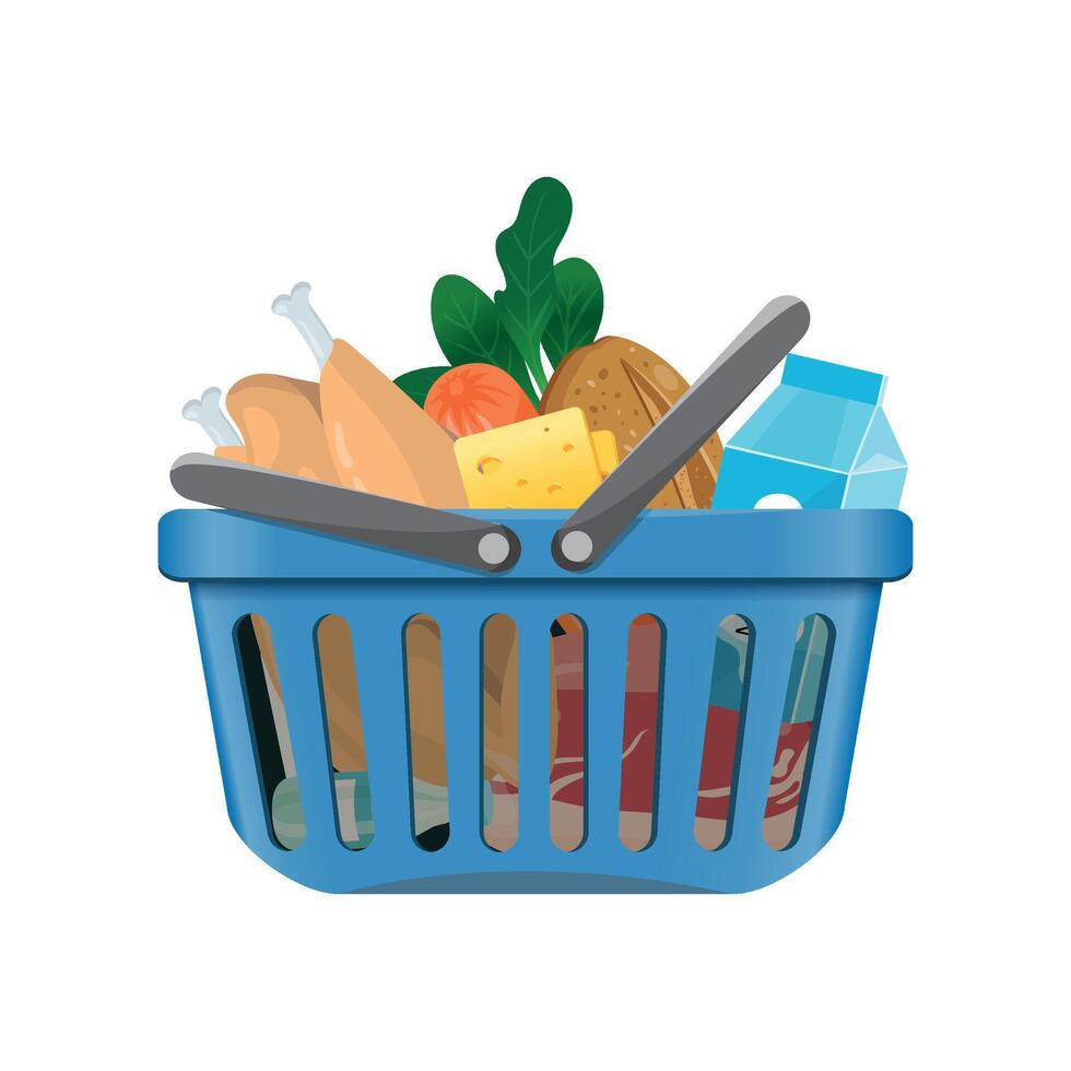 blue grocery basket with products isolated on white background vector