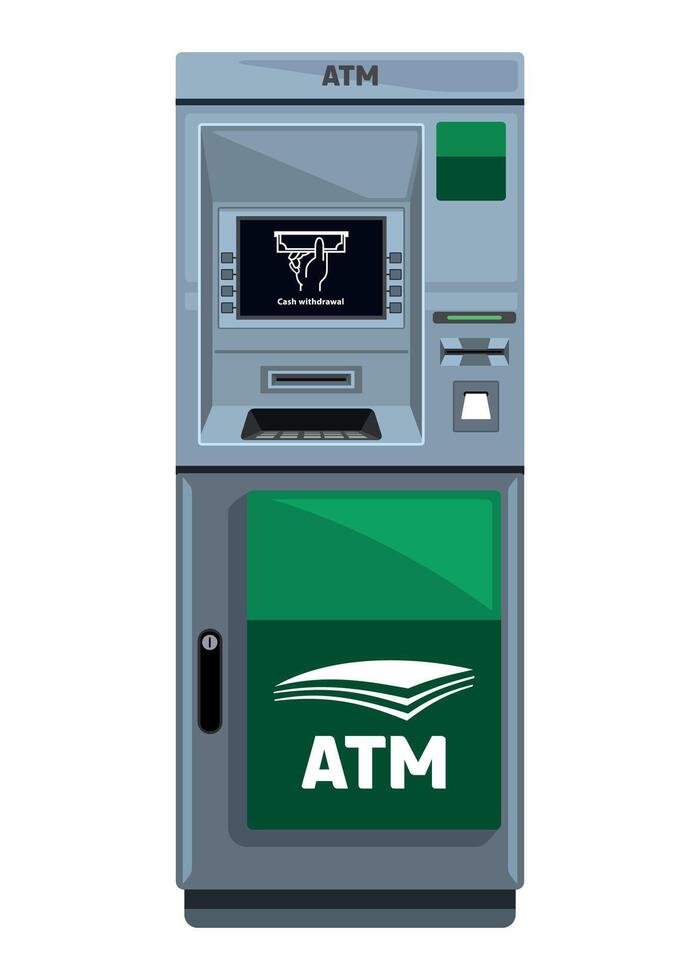detailed grey and green ATM for cash withdrawal and financial transactions on white background vector