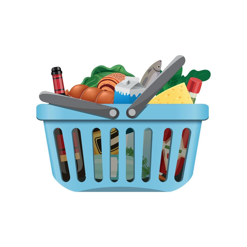 blue grocery basket with products on white background vector