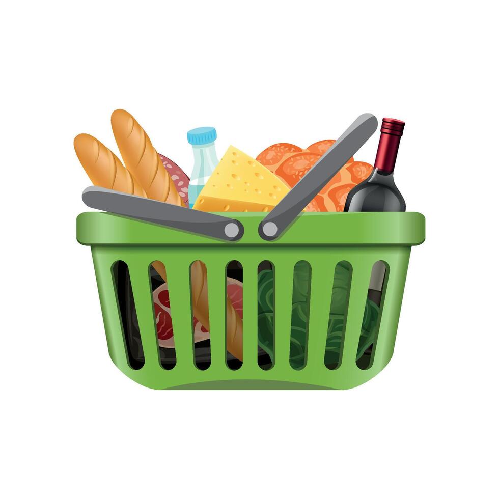 green grocery basket with products on white background vector